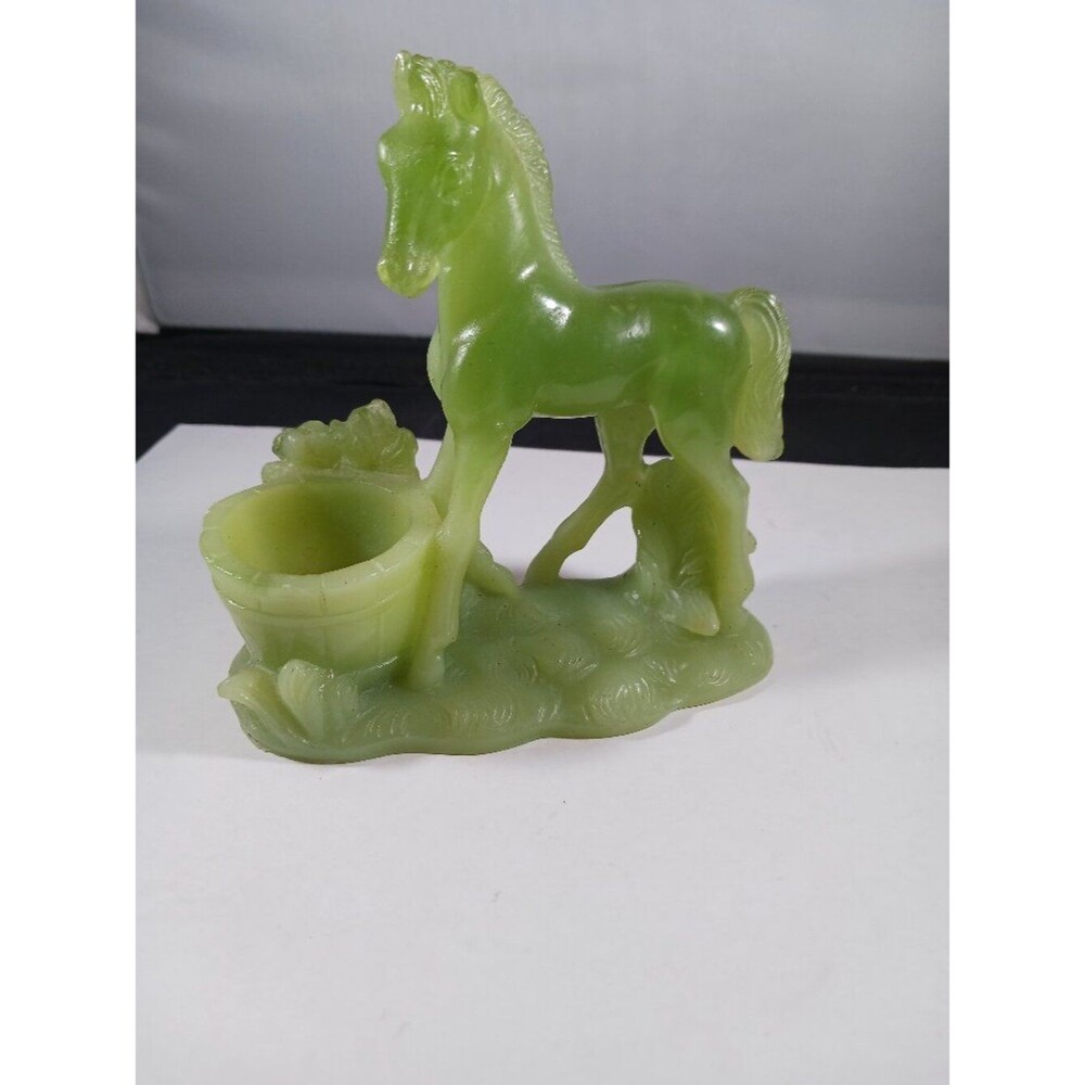 Vintage False Green Jade Resin Horse Sculptural Figurine Footed 5” Tall